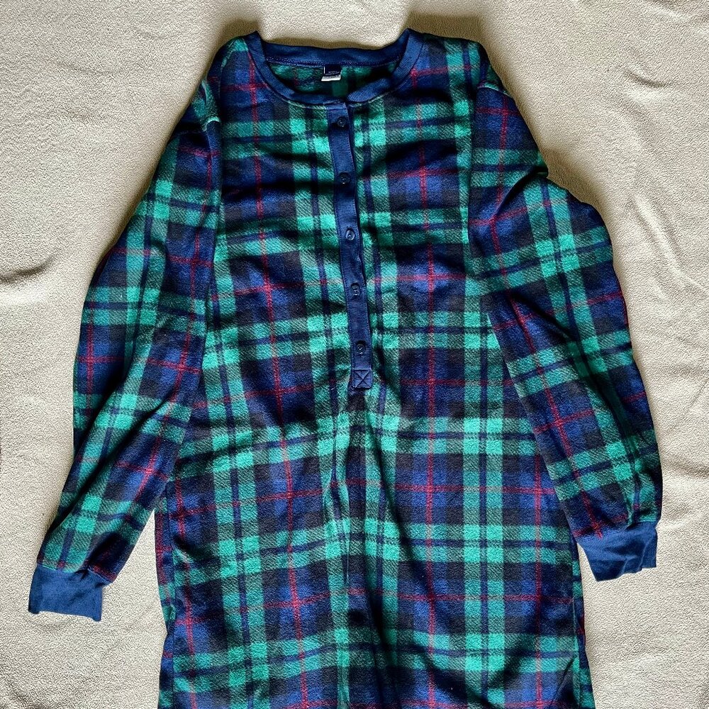 Old Navy - Blue Green Plaid Fleece Sleep Romper (M Tall)